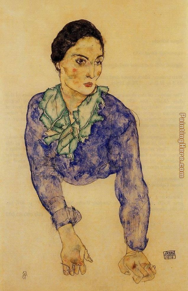 Egon Schiele Portrait of a Woman with Blue and Green Scarf